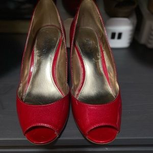 Alfani Patent Leather red peep toe wedge.
